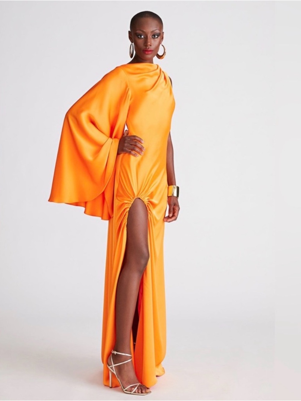 Halston Heritage Orange One-Shoulder Draped Maxi Dress with Ruched Slit